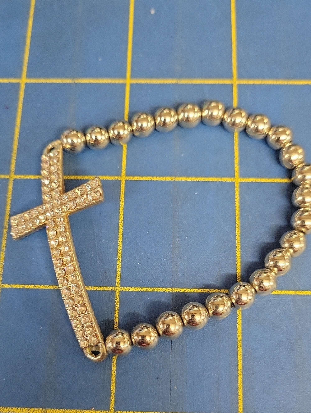 Rhinestone Cross Beaded 7" Stretch Bracelet - Silver Tone
